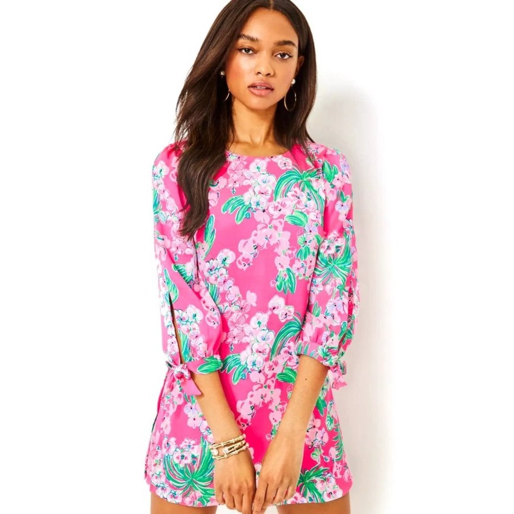 Lilly‎ Pulitzer Pink Floral Romper Skort Bow Sleeve Size 4 Resort Spring